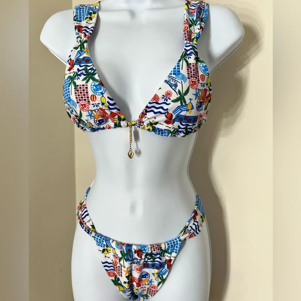 Multicolor Beach Print Thong Bikini Set